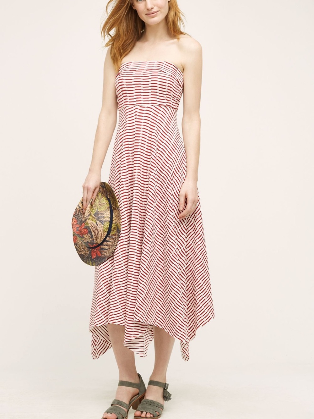 Anthropologie Maeve Red and White Strapless Handkerchief-Hem Maxi Dress